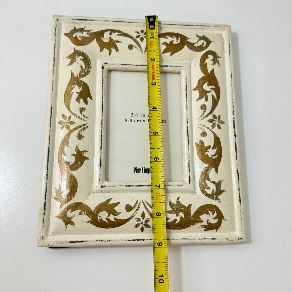 NWT VTG Pier 1 Wood Picture Frame Whitewash Cadre Blanchi Gold Stencil 3.5" x 5" - Picture 7 of 9